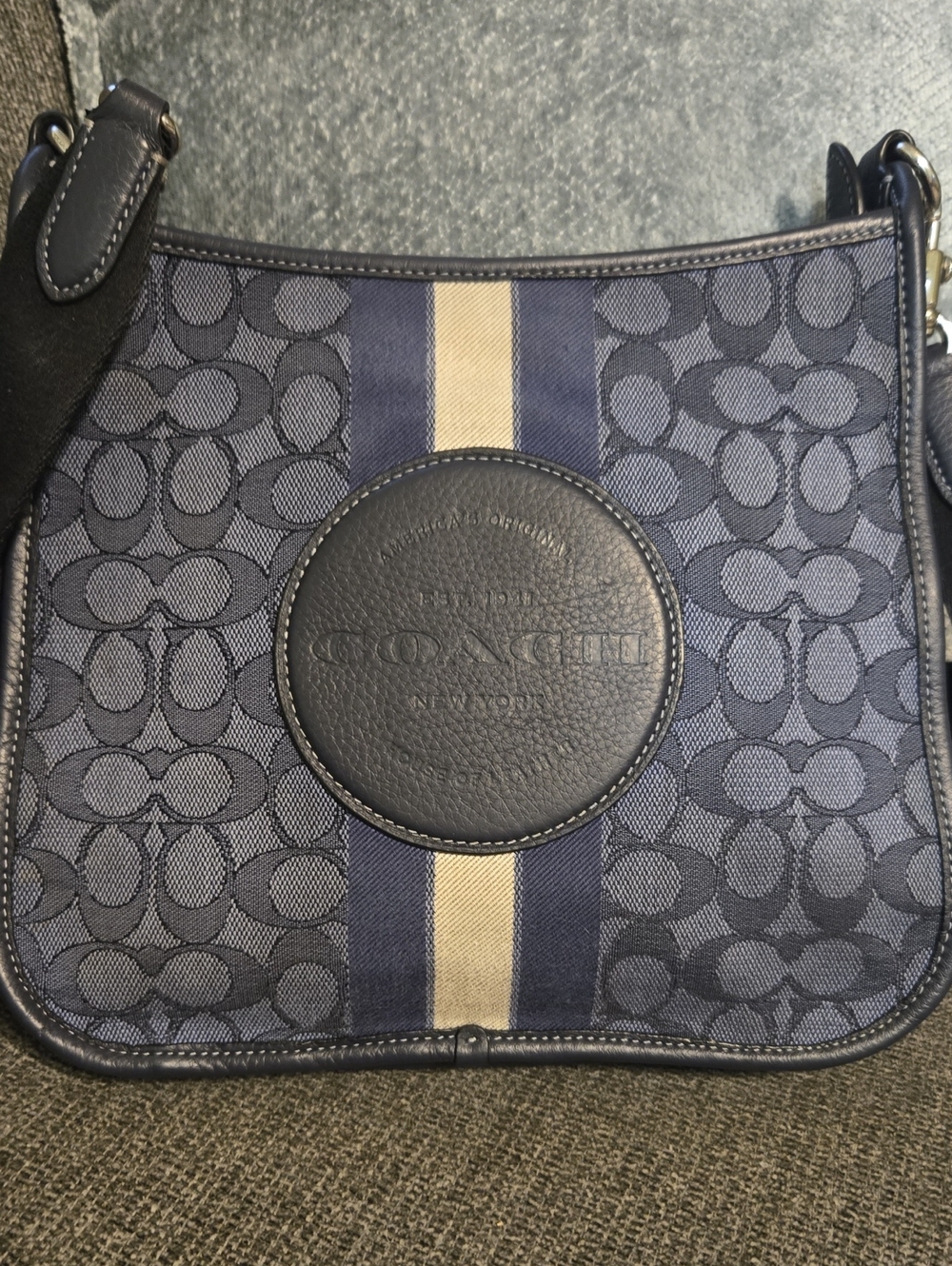 Coach Dempsey File Bag Navy Signature Canvas Crossbody with Cream Stripe